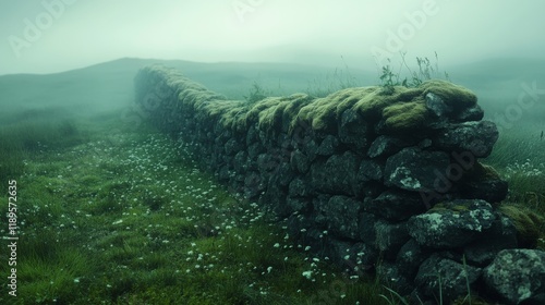 Moss-covered stone wall in a foggy landscape on a quiet morning