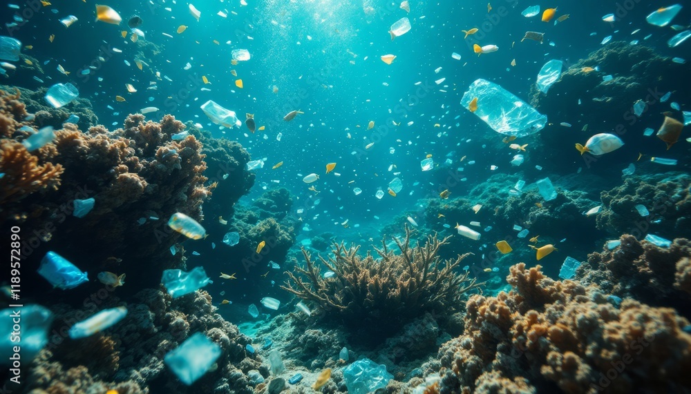 Fototapeta premium Plastic Pollution, A Devastating Underwater Scene of Discarded Plastics Inflicting Harm on Marine Life
