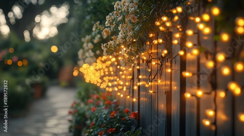 Decorative strings of lights illuminate a garden pathway during twilight hours