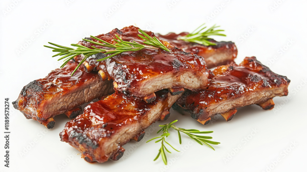 Close up of sticky barbecue ribs glazed with sauce garnished with fresh rosemary Close up of sticky barbecue ribs glazed with sauce garnished with fresh rosemary