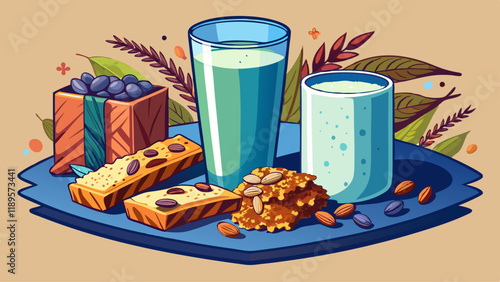 A glass of almond milk with a side of homemade granola bars, portable nutrition, healthy snack
