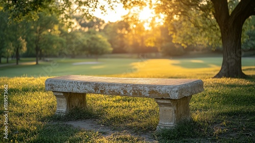 Sunset glow illuminates a peaceful moment of reflection in a park filled with...