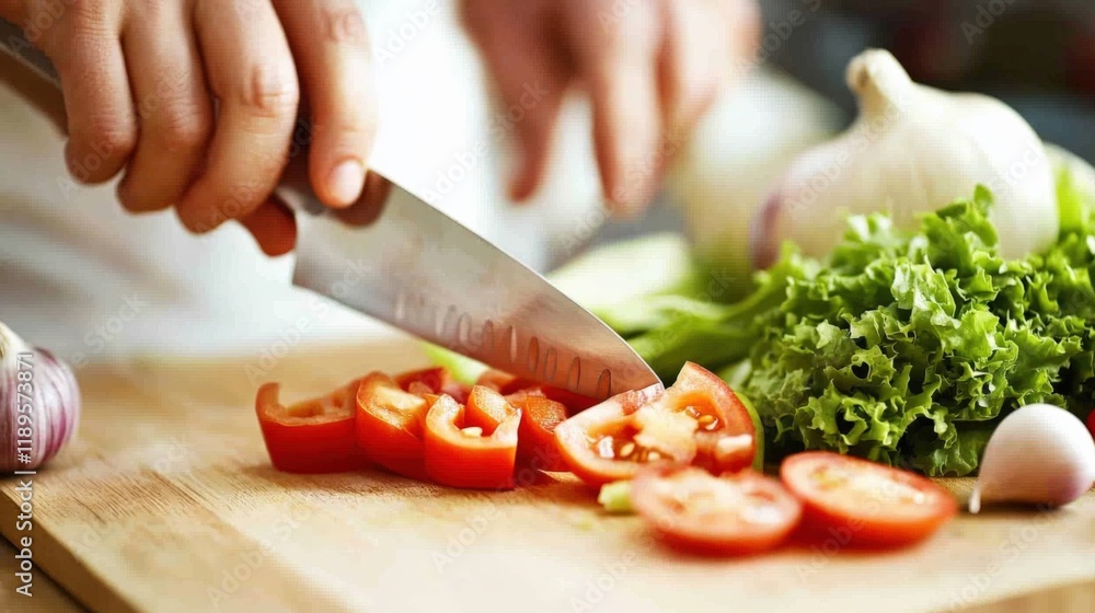 close-up of hands cutting tomatoes on a wooden board close-up of hands cutting tomatoes on a wooden board