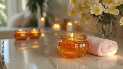 Relaxing spa setting with natural oils and towels in a bright, soothing envir...