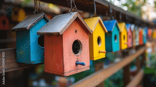 Colorful birdhouses hanging on a wooden railing in a vibrant outdoor setting