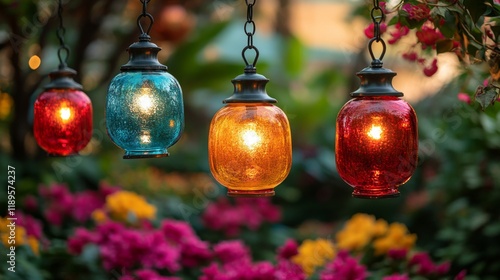 Colorful hanging lanterns illuminate a vibrant garden filled with blooming fl...
