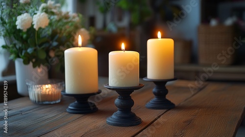 Candles illuminate a wooden table in a cozy indoor setting with plants and so...