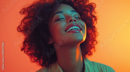 Wallpaper Mural Portrait of a happy, beautiful woman with curly hair wearing a yellow shirt, laughing against a flat color background. Torontodigital.ca