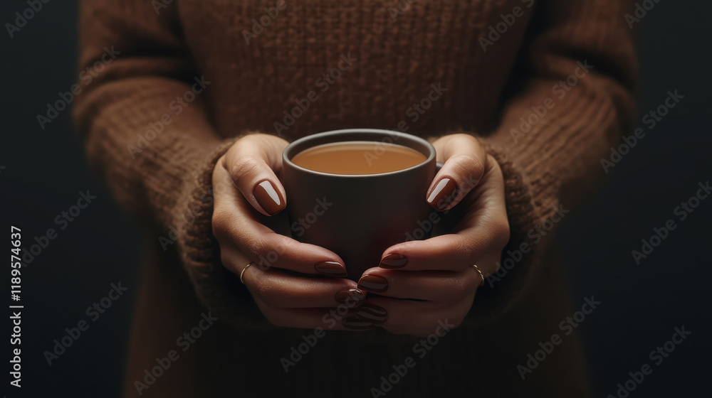 Elegant manicure featuring matte finished nails holding a warm drink for cozy autumn vibes Elegant manicure featuring matte finished nails holding a warm drink for cozy autumn vibes
