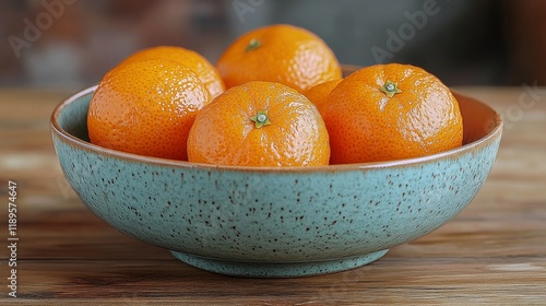 Fresh oranges arranged in a speckled bowl on a wooden surface for a vibrant d...