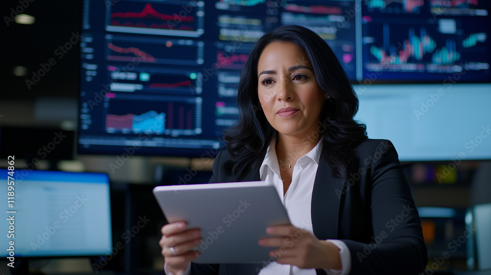 Latin Hispanic mature businesswoman in a professional office setting using a tablet to check online trading applications. Representation of modern fintech solutions. Hispanic busin Latin Hispanic mature businesswoman in a professional office setting using a tablet to check online trading applications. Representation of modern fintech solutions. Hispanic busin