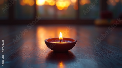 Candle flickers gently in warm light during sunset, creating a serene atmosph...