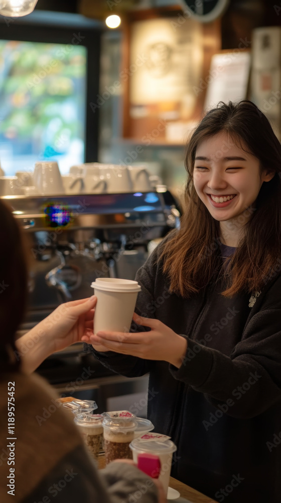 Friendly barista at a coffee shop offering a warm beverage to a customer for an enjoyable cafe experience Friendly barista at a coffee shop offering a warm beverage to a customer for an enjoyable cafe experience