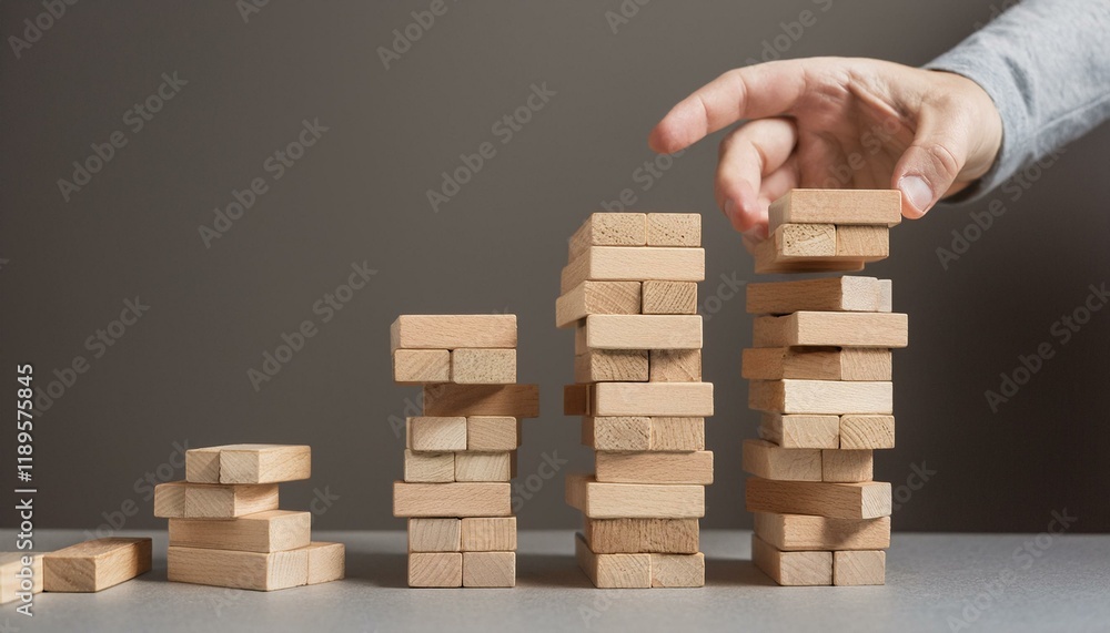 A hand lifts the last block as a precariously stacked wooden block tower is in danger of collapsing. A hand lifts the last block as a precariously stacked wooden block tower is in danger of collapsing.