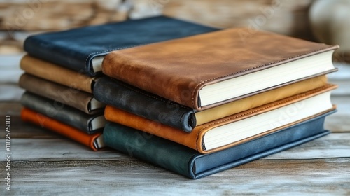 Stacked books on rustic wooden table showcasing a variety of covers in neutra...