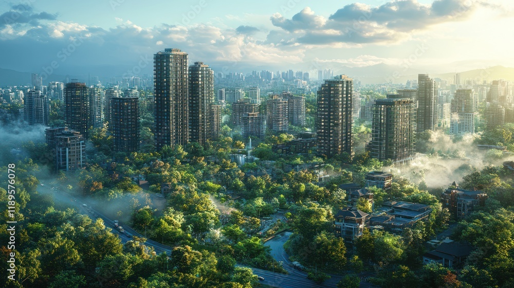 Fototapeta premium Aerial view of a city skyline nestled amidst lush greenery and morning mist.