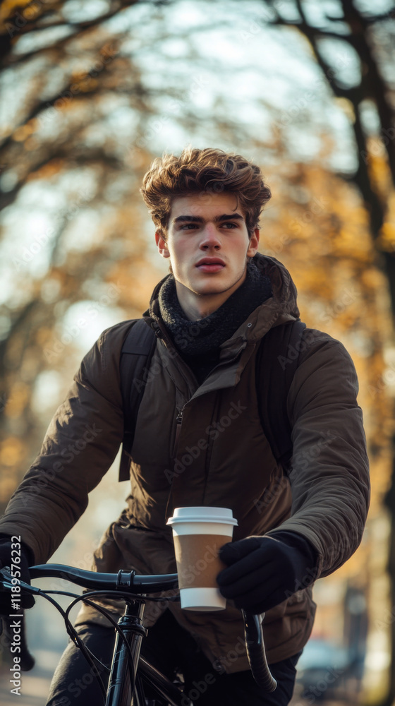 Fototapeta premium Young man enjoying autumn cycling adventure in the park with coffee in hand