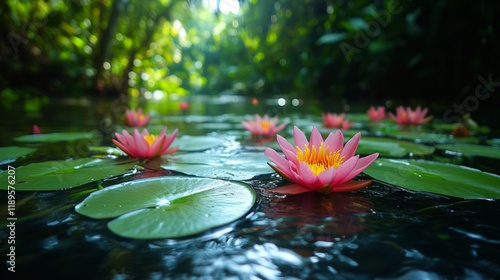 Serene garden with a statue and blooming lilies under a clear blue sky