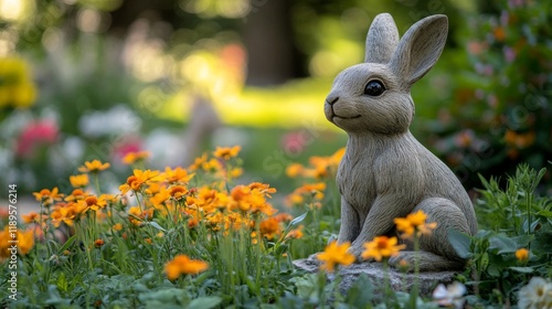 Garden serenity with stone cat sculptures surrounded by blooming flowers and ...