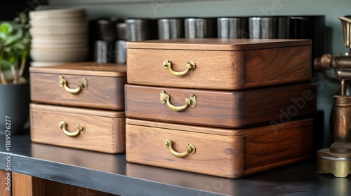 Wooden boxes with brass handles placed on a rustic wooden shelf among green p...