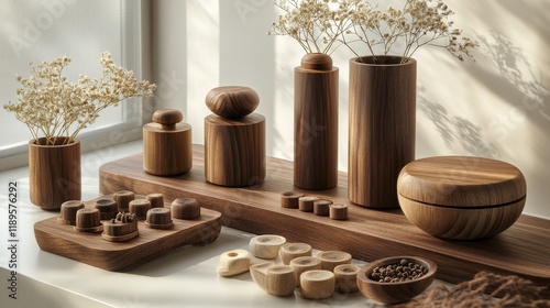 Unique wooden and stone bowls arranged on a modern surface in a stylish inter...