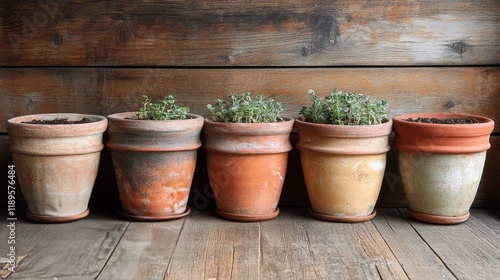 Potted herbs in clay pots arranged on a rustic wooden table in a cozy indoor ...