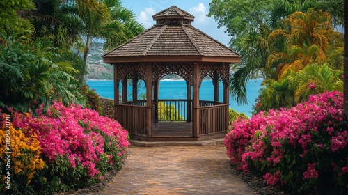 Beautiful wooden gazebo surrounded by vibrant flowers in a tropical garden se...