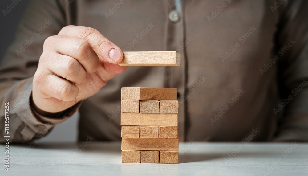 A hand lifts the last block as a precariously stacked wooden block tower is in danger of collapsing. A hand lifts the last block as a precariously stacked wooden block tower is in danger of collapsing.