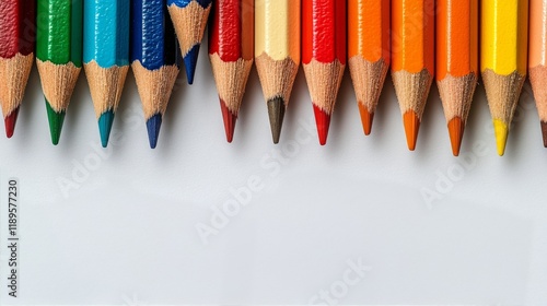 Colorful pencil tips arranged in a straight line on a light background for ar...