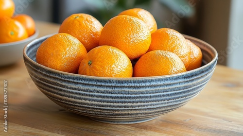 Fresh oranges arranged in a rustic bowl on a wooden table against a blurred b...