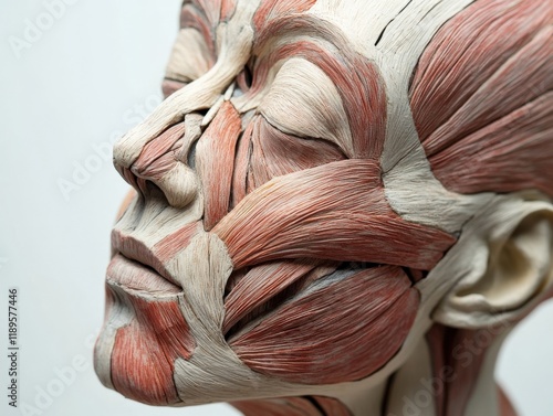 anatomical model of a human head with skin removed showing facial muscles