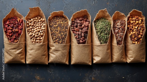 Fresh herbs and spices arranged in burlap sacks on a dark background for culi...