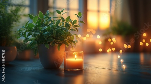 Decorative plant in a pot with candles glowing at sunset in a cozy indoor set...