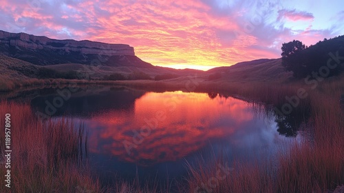 Stunning sunset over tranquil lake surrounded by majestic mountains and everg...