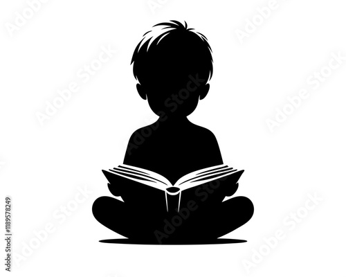 Child reading silhouette. Clipart image isolated on background.