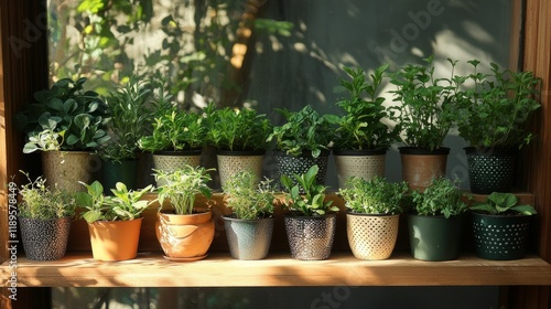 Shelf filled with various potted herbs and plants in sunny indoor setting