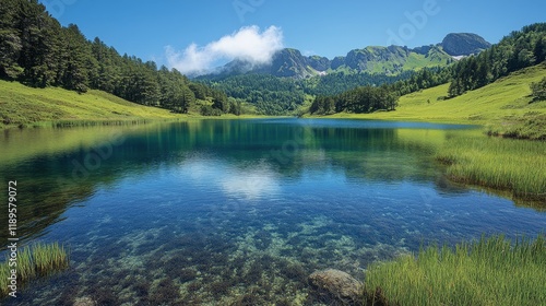 Clear turquoise lake nestled between green hills under a bright blue sky with...