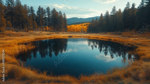 Tranquil clear pond reflecting blue sky and green hills in summer
