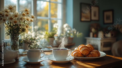 Enjoying fresh croissants and tea beside a flower arrangement on a wooden table