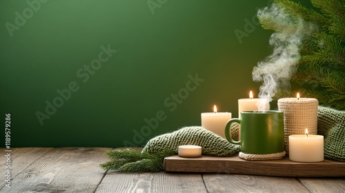 Cozy Winter Hygge Scene with Hot Drink, Candles, and Knitwear photo