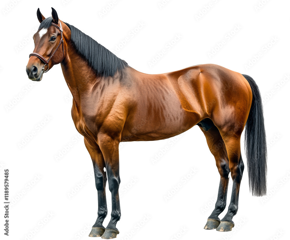 Obraz premium Majestic Brown Horse in Full Detail - A Stunning Equestrian Portrait , isolated on white background PNG