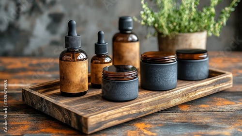 Elegant display of skincare products on wooden tray in bright, serene setting...