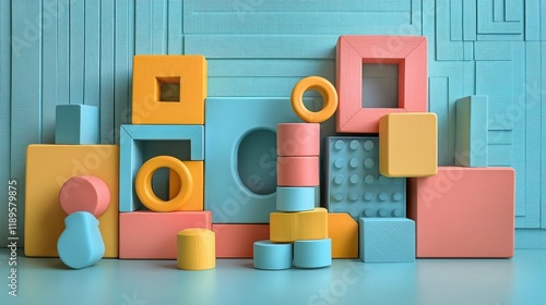 Colorful building blocks arranged creatively against a textured background in...