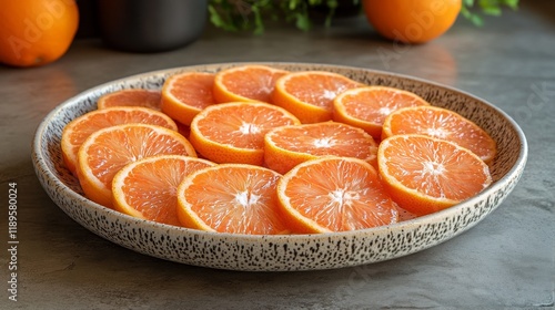 Freshly sliced oranges arranged neatly on decorative plates in natural light