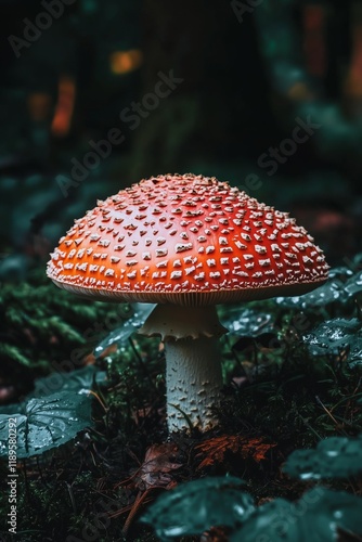 red mushroom with white dots fly agaric amanita muscaria close-up mushroom in the forest photo