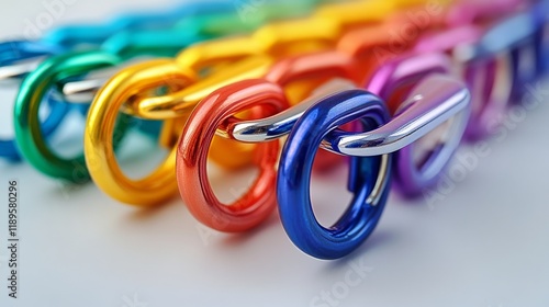 Colorful collection of paper clips arranged in a vibrant gradient on a light ...