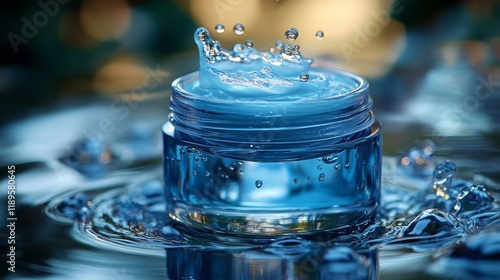 Moisturizing cream jar splashing in water with vibrant blue background