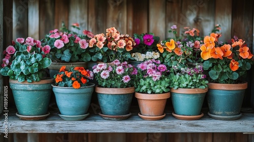 Colorful display of blooming potted flowers on rustic wooden shelf at garden ...