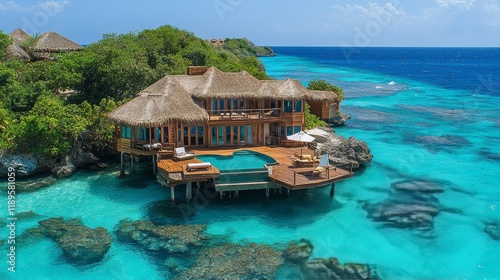 Luxurious oceanfront resort with thatched roofs and stunning turquoise waters...