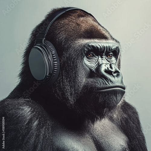 Creative and playful depiction of a gorilla wearing headphones, blending realism with a modern twist, featuring expressive details against a minimalist background photo